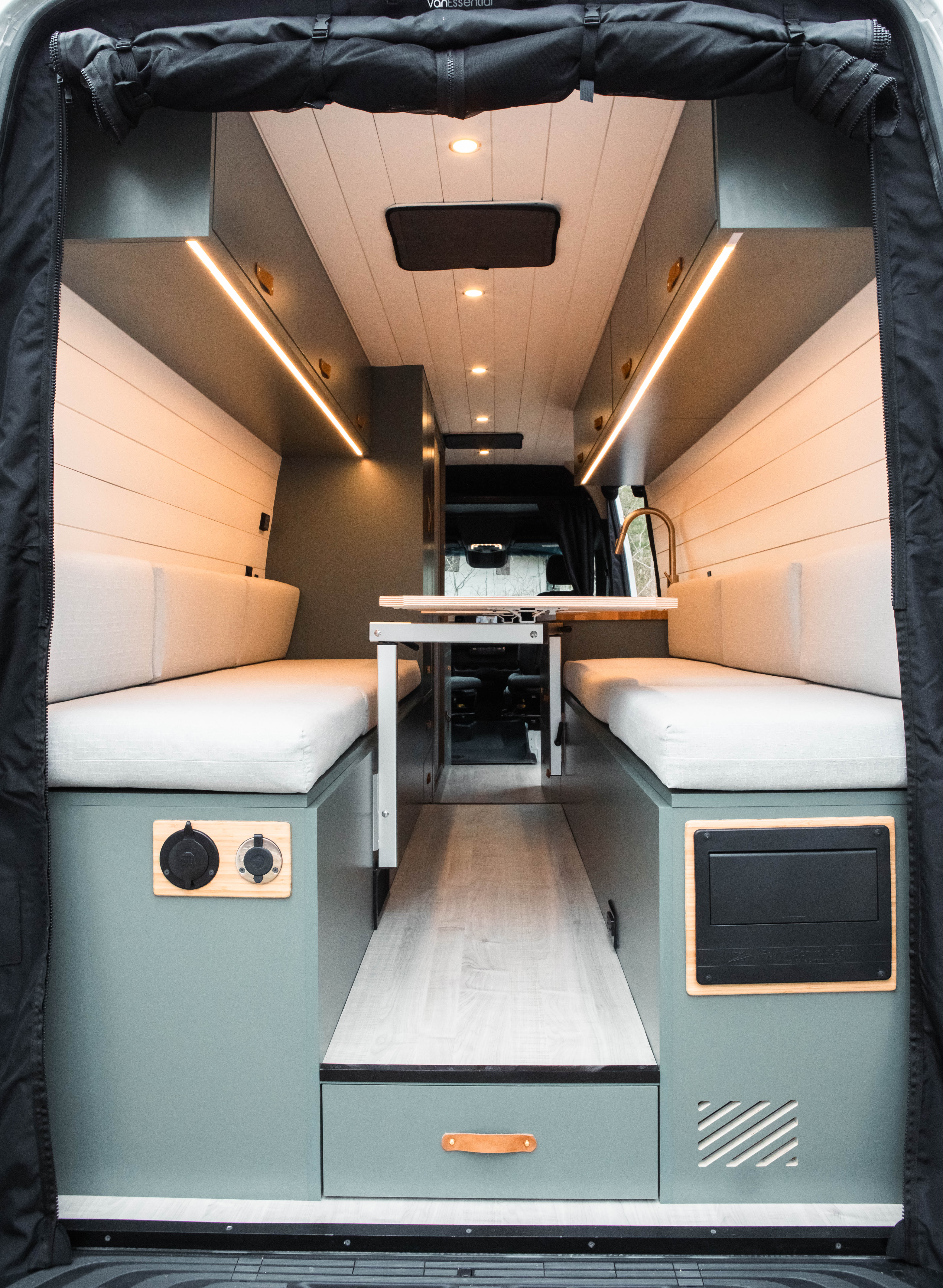 Drift-Wood — Mercedes Sprinter 170 Extended, rear lounge looking down the cabin