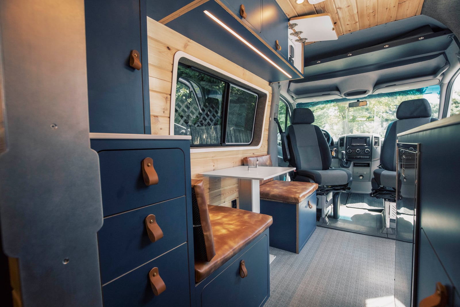 Frankenvan — Mercedes Sprinter 170, dinette and galley interior looking forward
