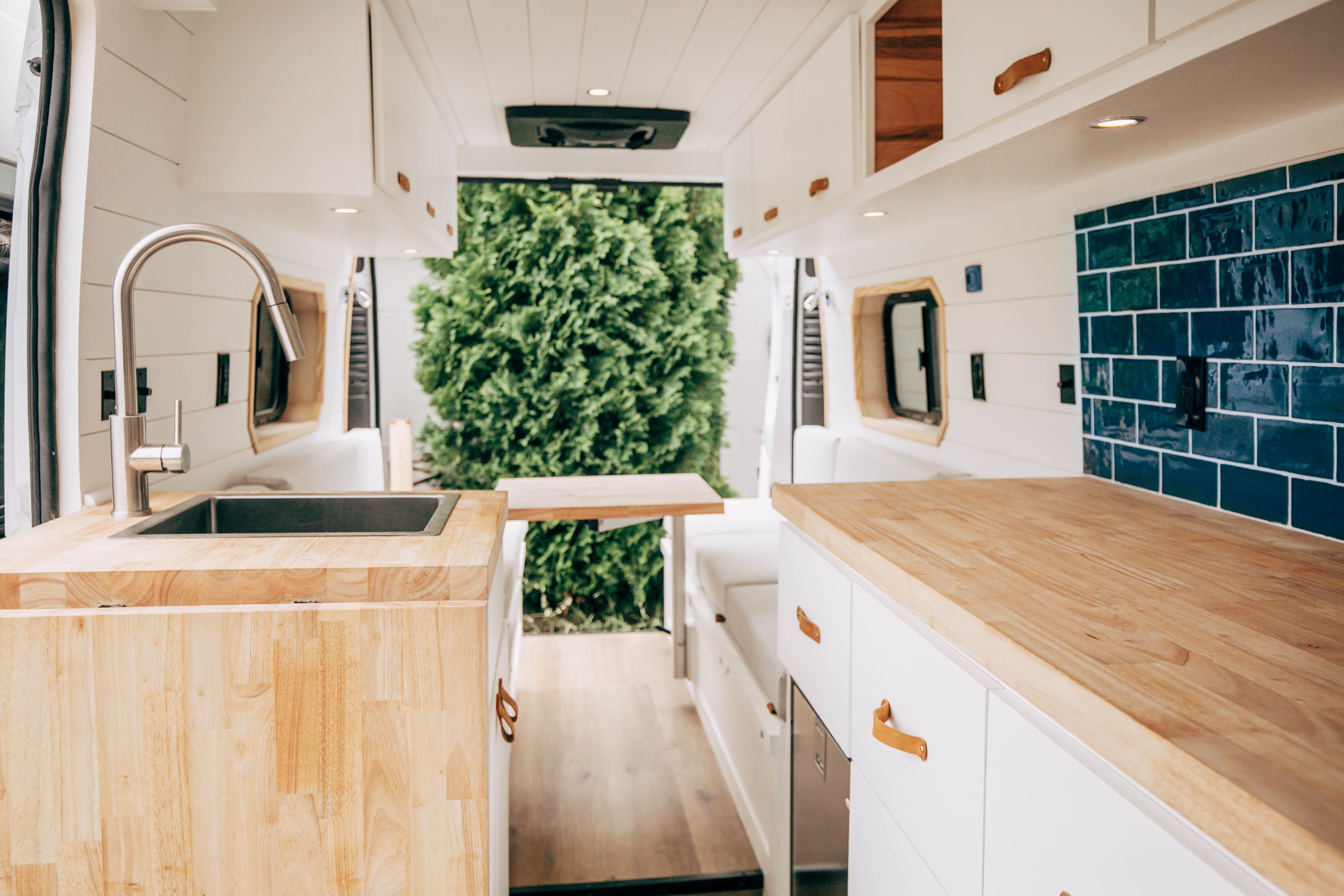 Riverside ProMaster 159 campervan galley sink with gooseneck faucet and a faux greenery wall