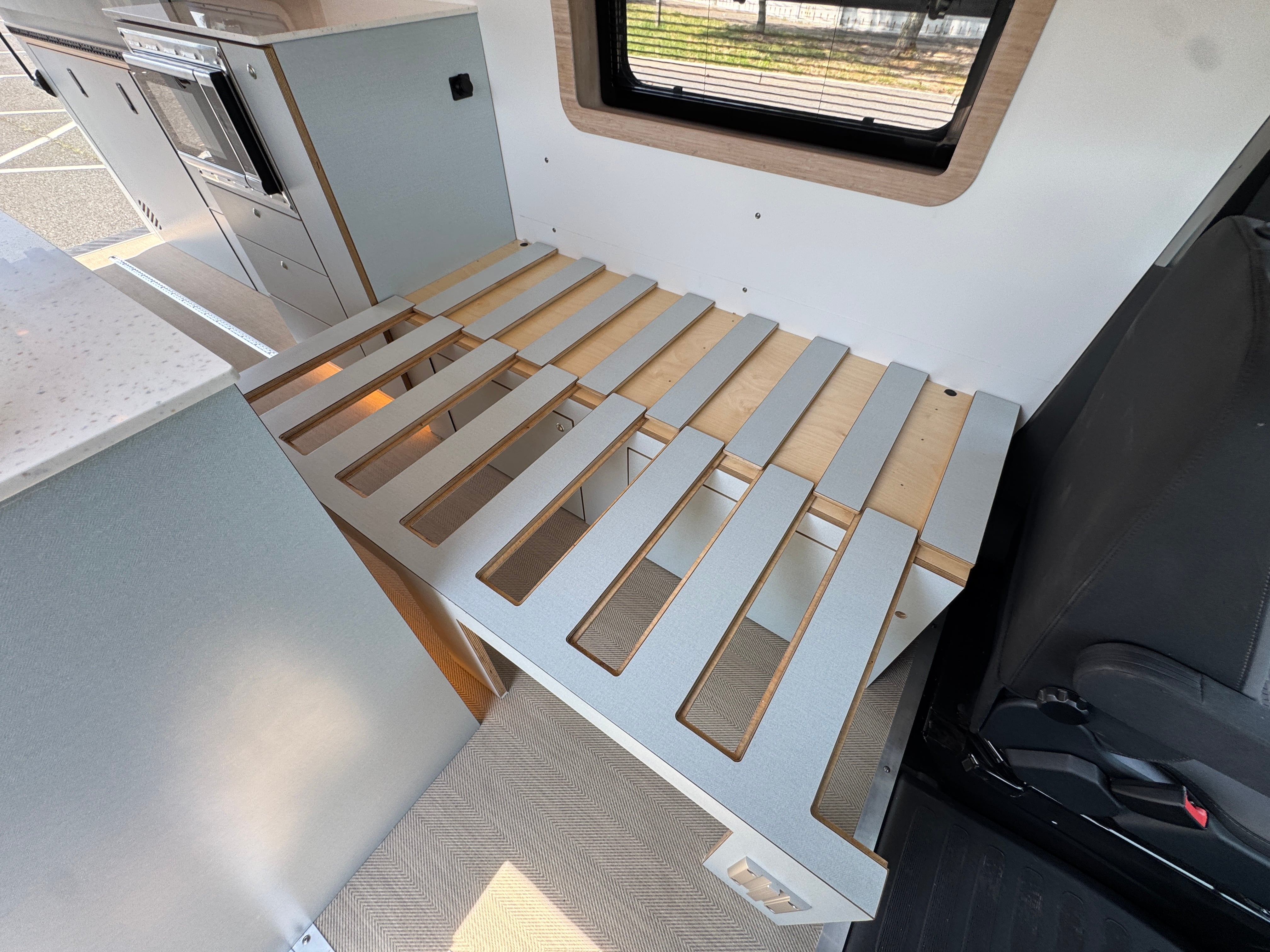 Super Lounger Ford Transit slatted wood bench base extended for the lounge