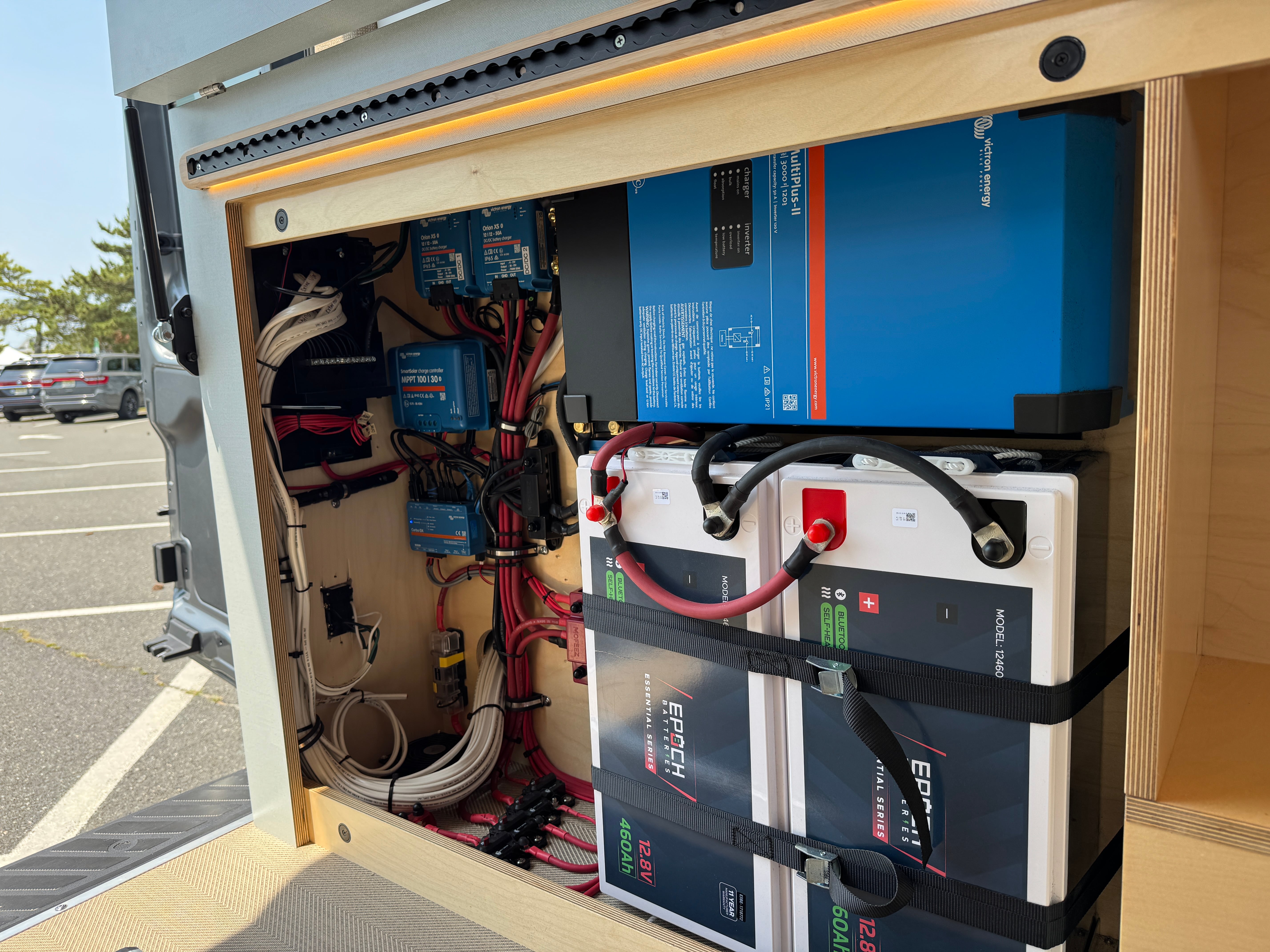 Super Lounger Ford Transit electrical bay with a lithium battery and inverter