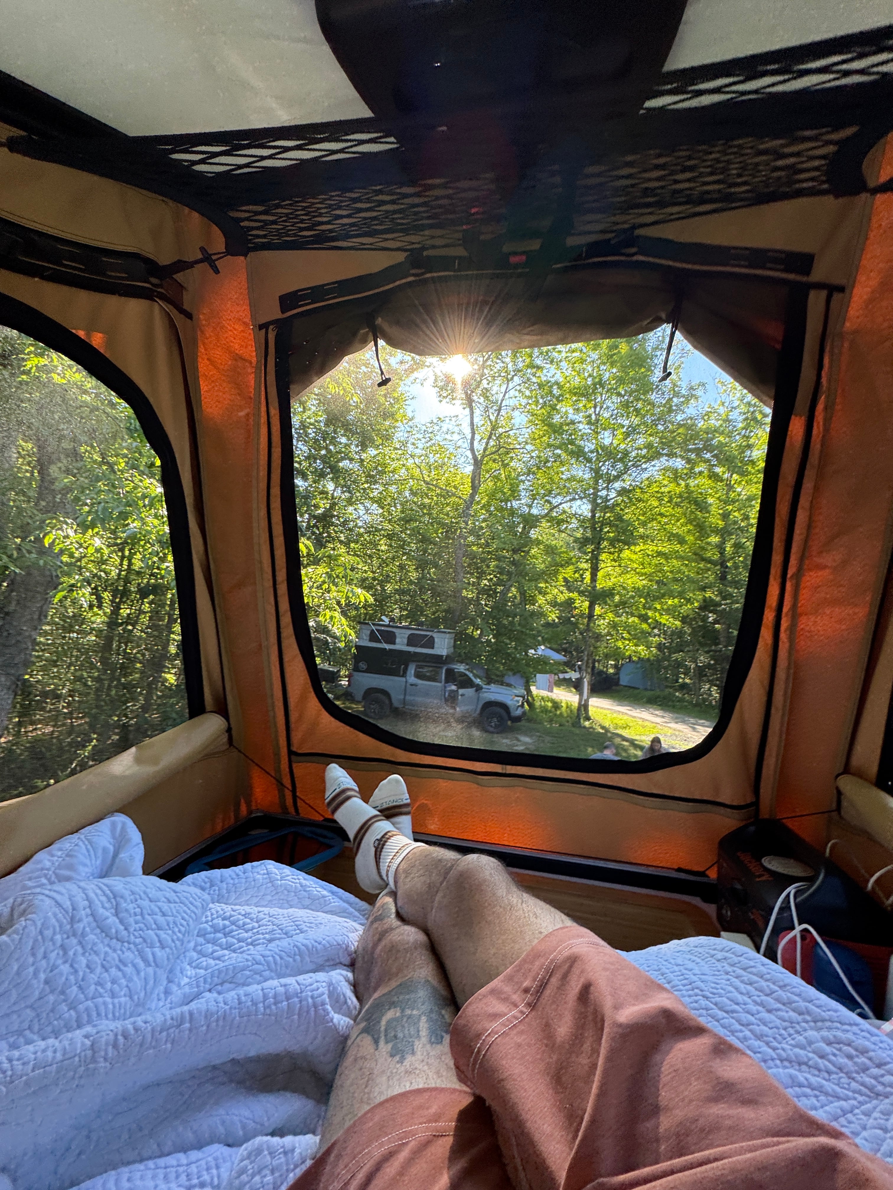 The Don Sprinter 144 campervan bed looking out the rear windows into the trees