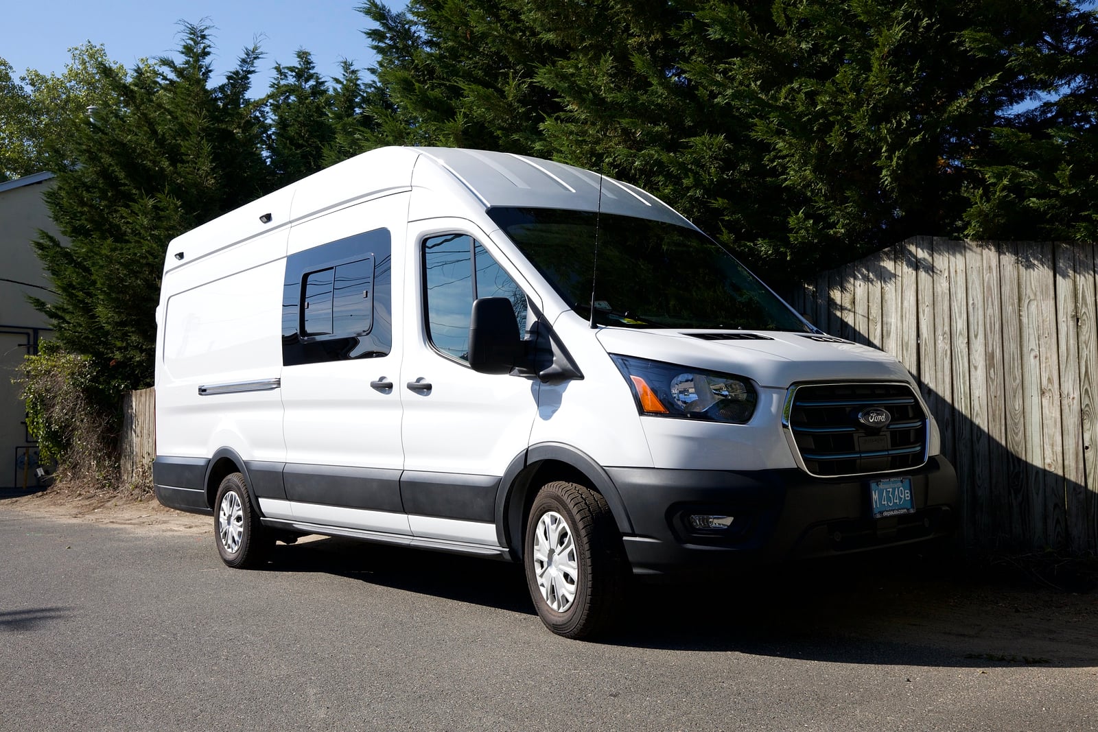 Northampton DCC electric Transit fleet — white Ford E-Transit 148 EXT high-roof exterior, front three-quarter