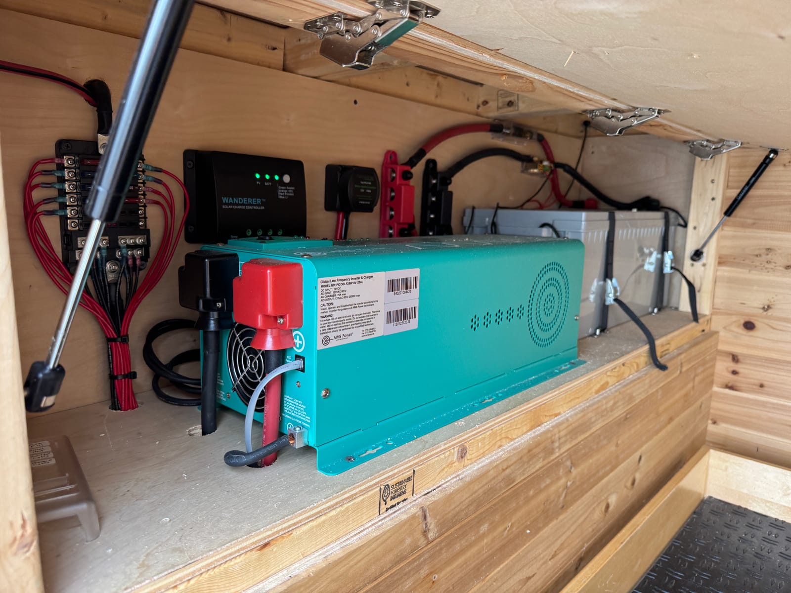 Power bay with the inverter/charger, battery bank and wiring under the bed