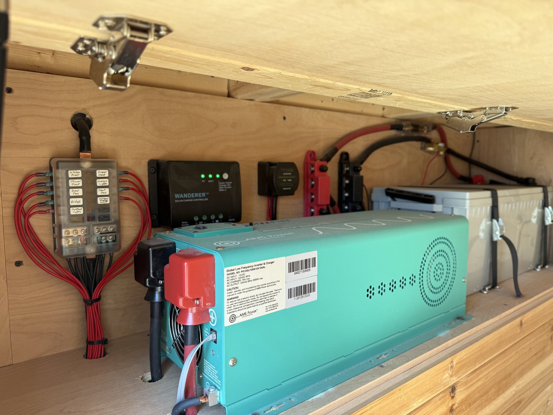 Electrical bay with the inverter/charger, a fuse block, a Wanderer solar charge controller and wiring