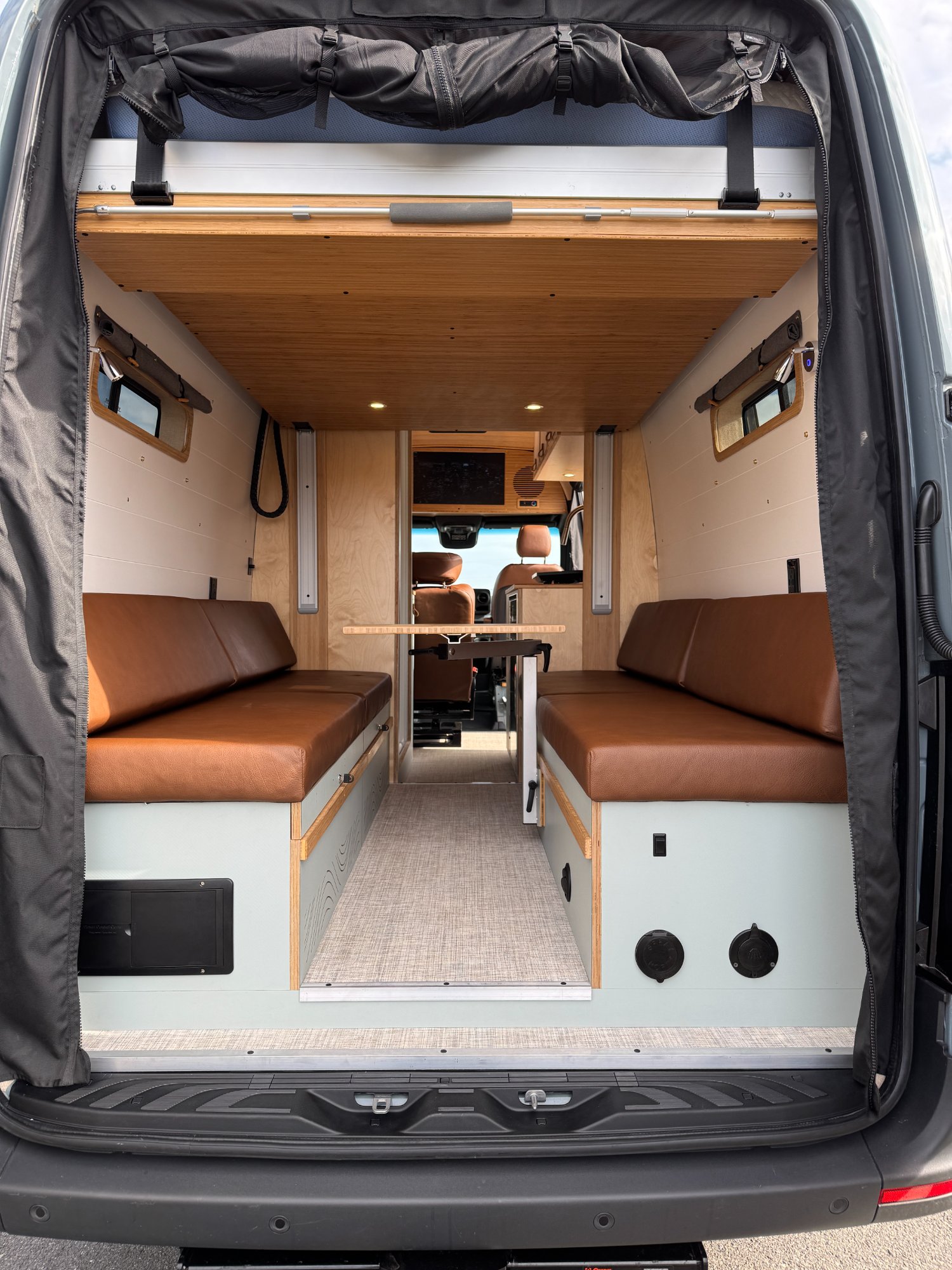 Sprinter campervan rear doors with leather bench seats