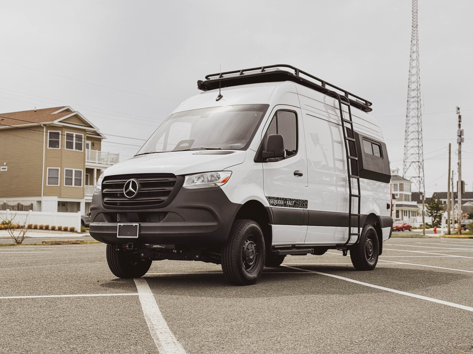 Mercedes Sprinter front three-quarter exterior Sequoia + Salt build