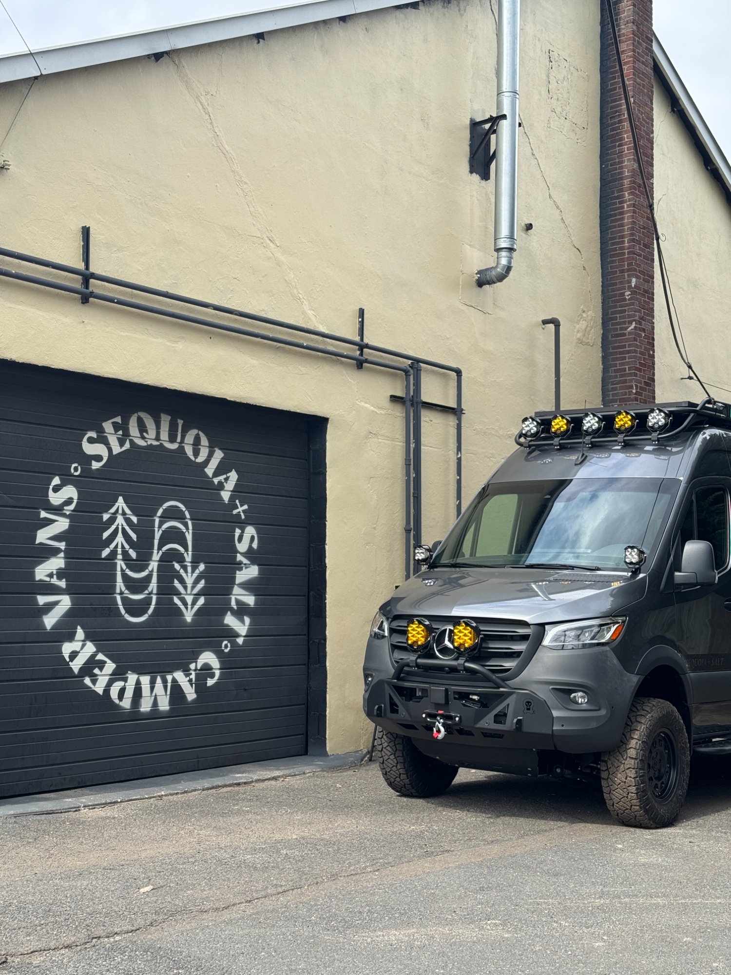 Sprinter van outside Sequoia + Salt shop, ready for window and flare work