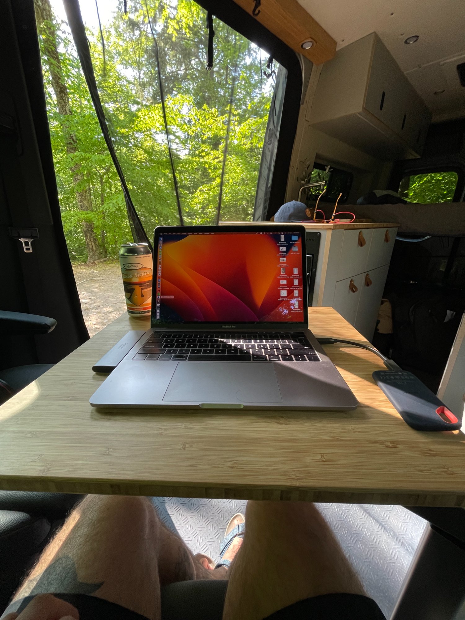 Working from a campervan with laptop in forest
